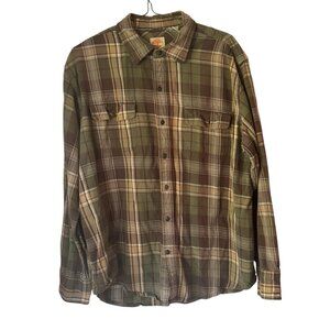 Vintage Timberland Grunge Flannel Shirt Mens Brown Plaid Long Sleeve Button Up